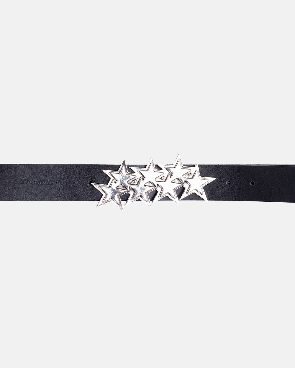 STARS LEATHER BELT BLACK - black leather star buckle belt, detail close-up - Cold Culture