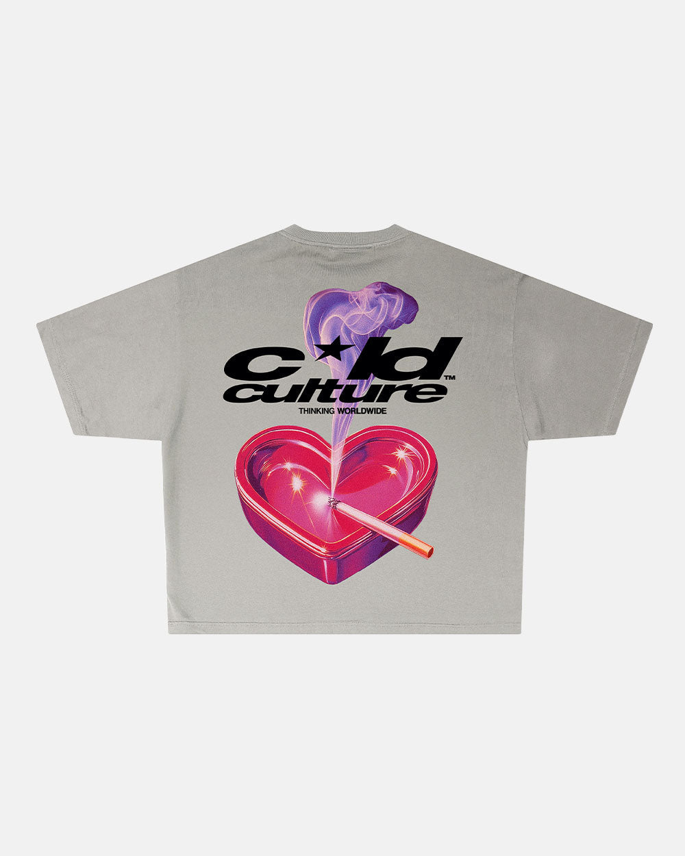 HEART ASHTRAY TEE FROST GREY - grey graphic print tee, back view - Cold Culture #packshot