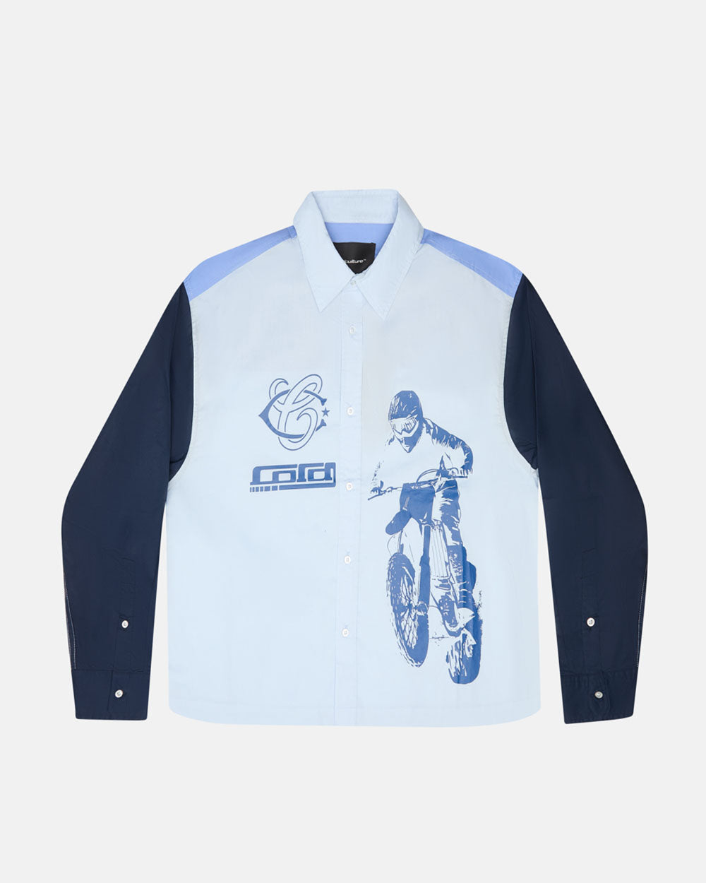 MOTO SHIRT - blue colorblock long sleeve shirt, front view - Cold Culture #packshot