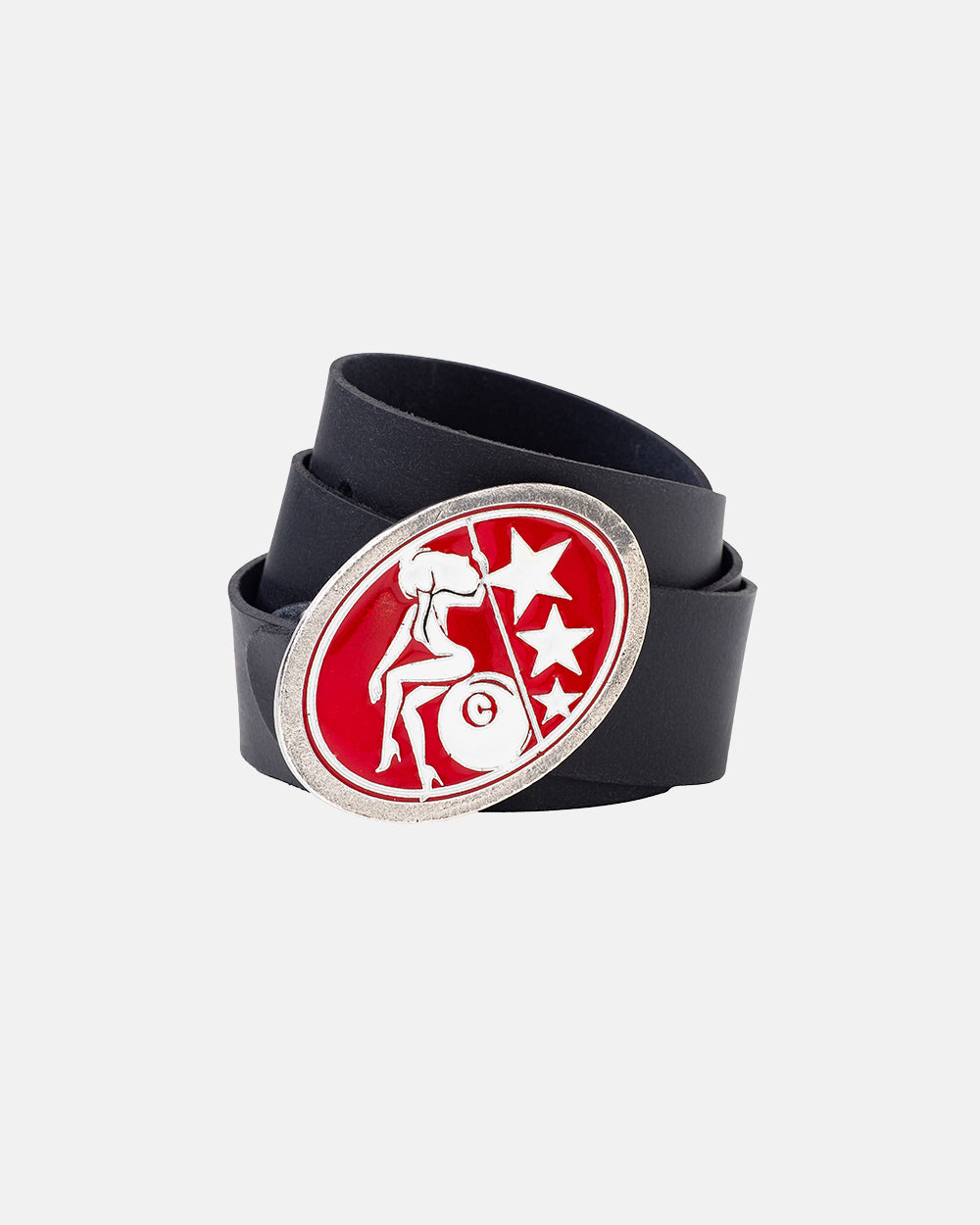 BINGO LEATHER BELT ALPACA - black leather belt with oval buckle, front view - Cold Culture #packshot