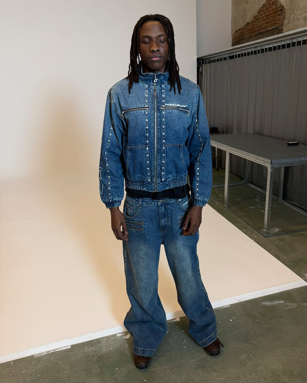 2010 DENIM JACKET BLUE DENIM - blue studded denim jacket, front view on male model - Cold Culture