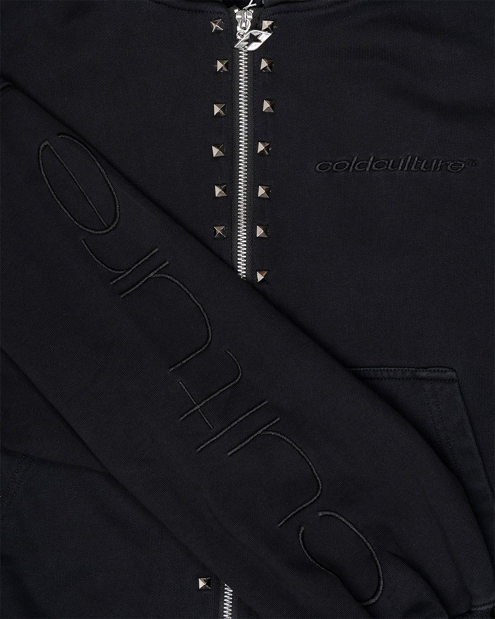 2010 ZIP HOODIE BLACK - black washed zip-up hoodie, detail close-up - Cold Culture