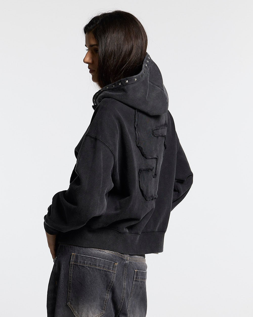 2010 ZIP HOODIE BLACK - black washed zip-up hoodie, back view on female model - Cold Culture #woman