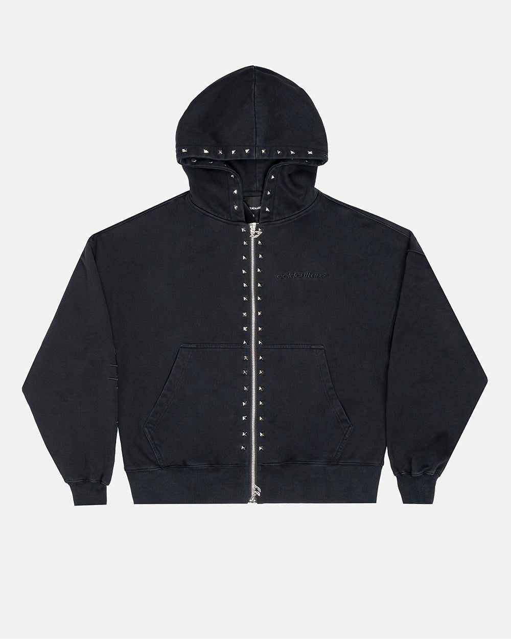 2010 ZIP HOODIE BLACK - black washed zip-up hoodie, front view - Cold Culture #packshot
