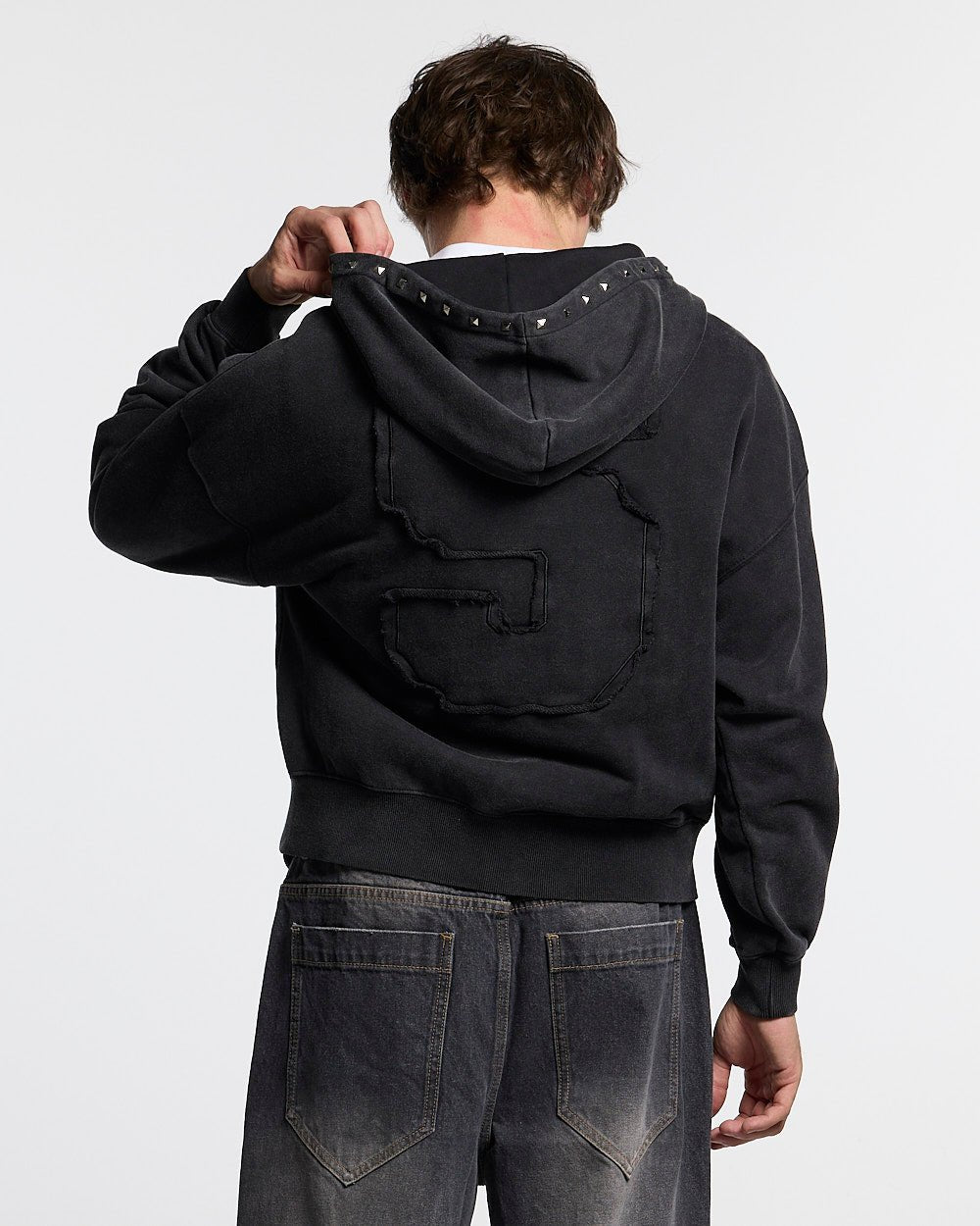 2010 ZIP HOODIE BLACK - black washed zip-up hoodie, back view on male model - Cold Culture #man