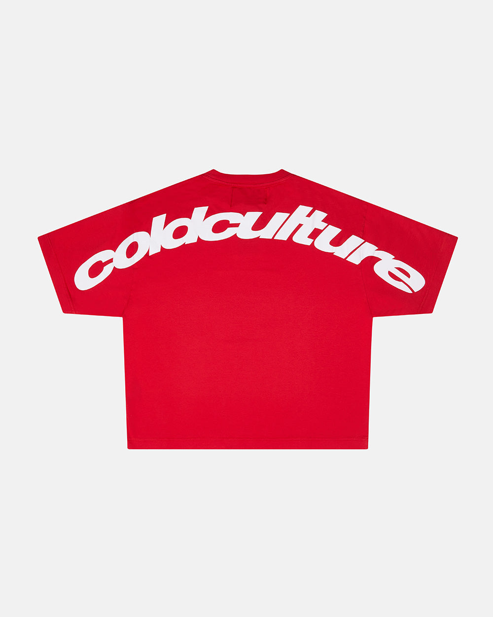 CURVED TEE RACING RED - red oversized tee, back view - Cold Culture #packshot