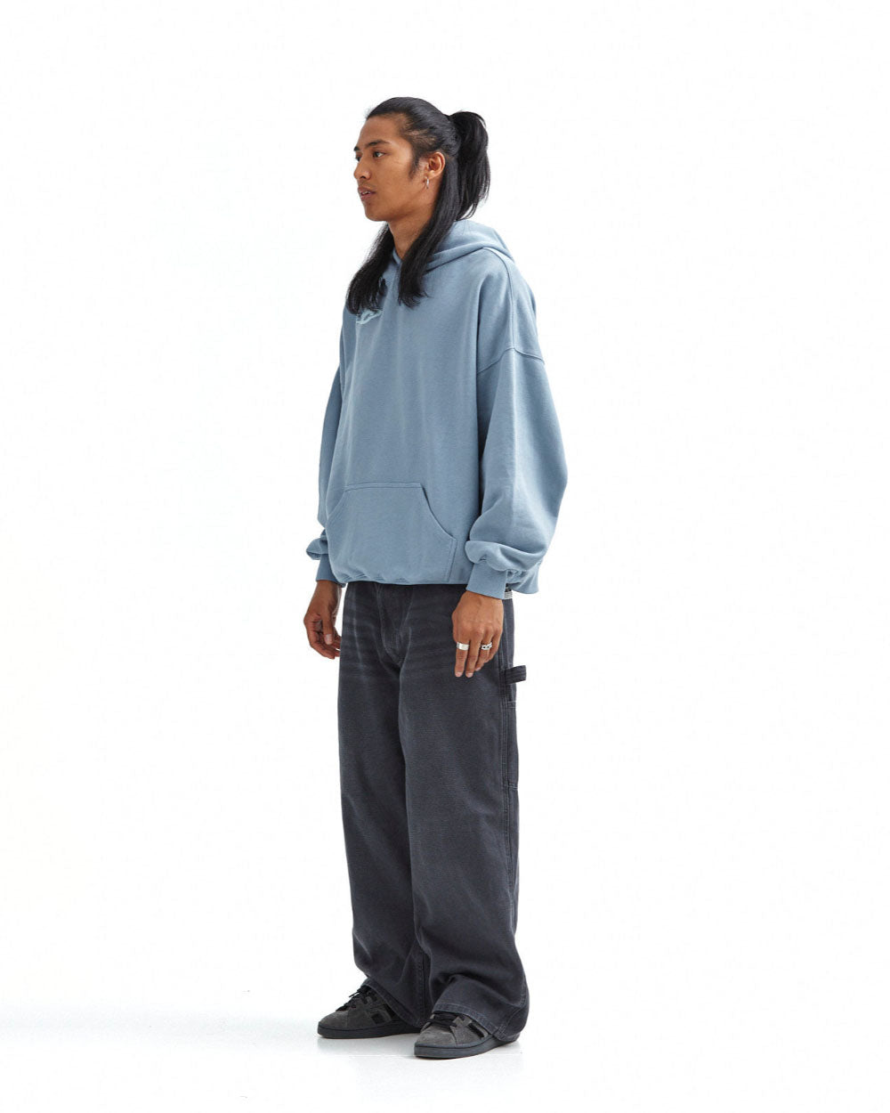 4THE WORLD HOODIE SHADY BLUE - dusty blue oversized hoodie, side view - Cold Culture #man