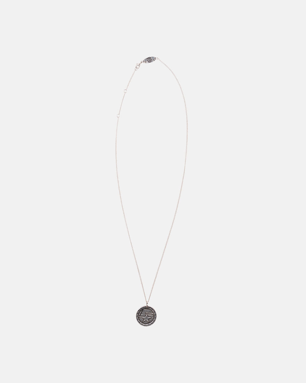5 STARS NECKLACE - silver star medallion necklace, flat lay - Cold Culture #packshot