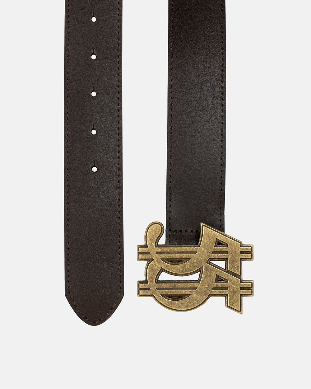 55 DOLLAR BELT BROWN - brown leather belt with dollar buckle, flat lay - Cold Culture #packshot