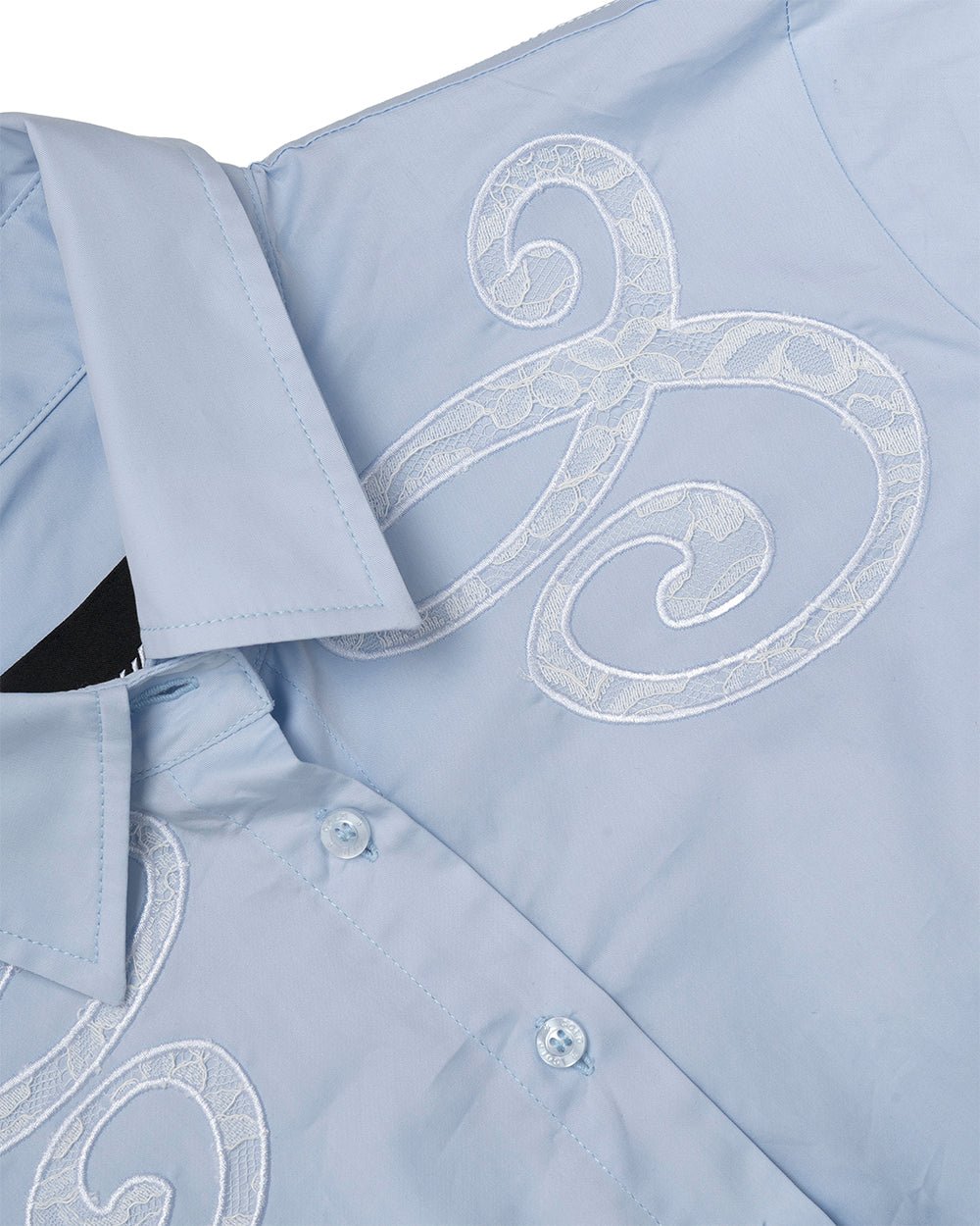 55 LACE SHIRT BABY BLUE - baby blue lace shirt, detail close-up - Cold Culture