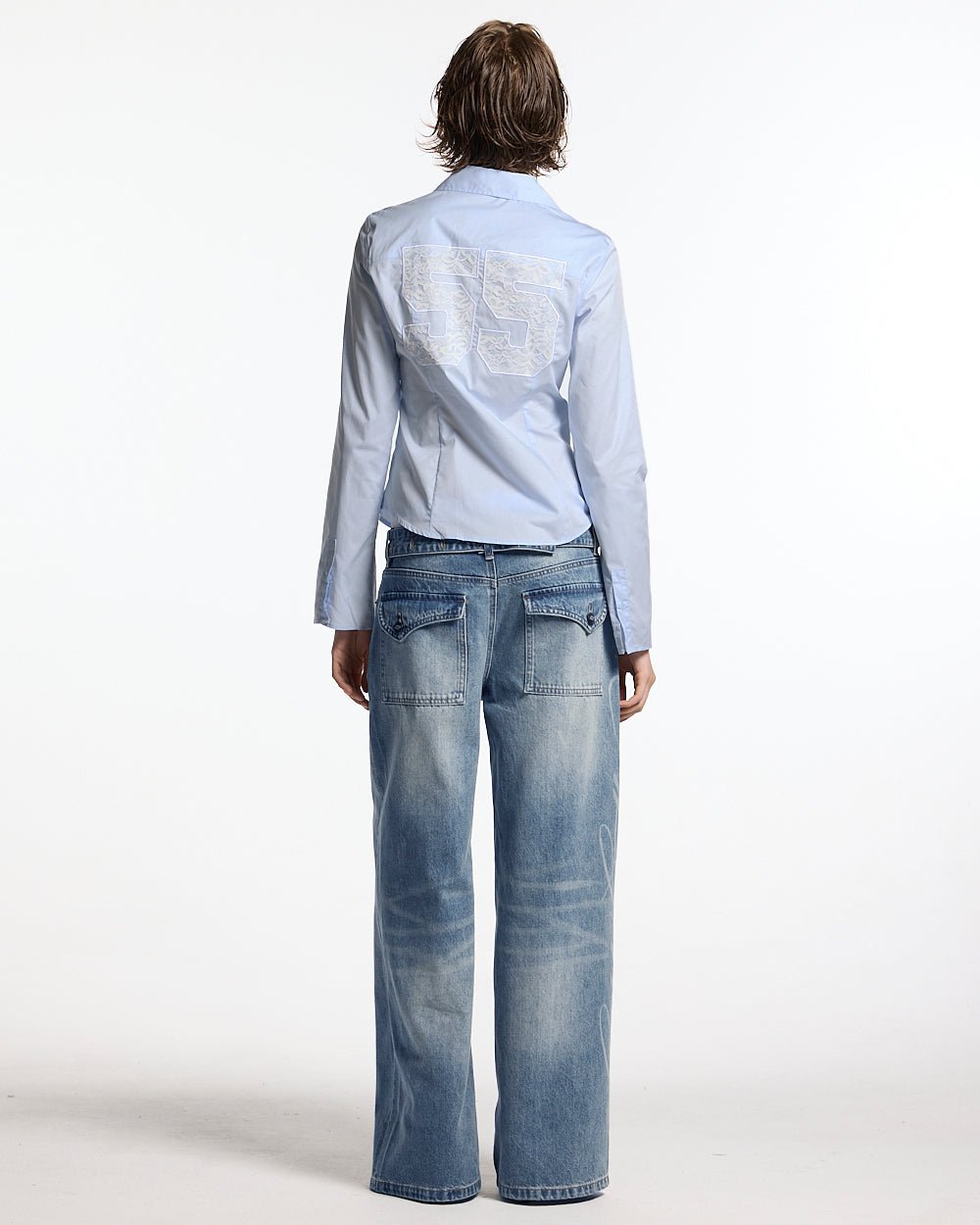 55 LACE SHIRT BABY BLUE - baby blue lace shirt, back view on female model - Cold Culture #woman