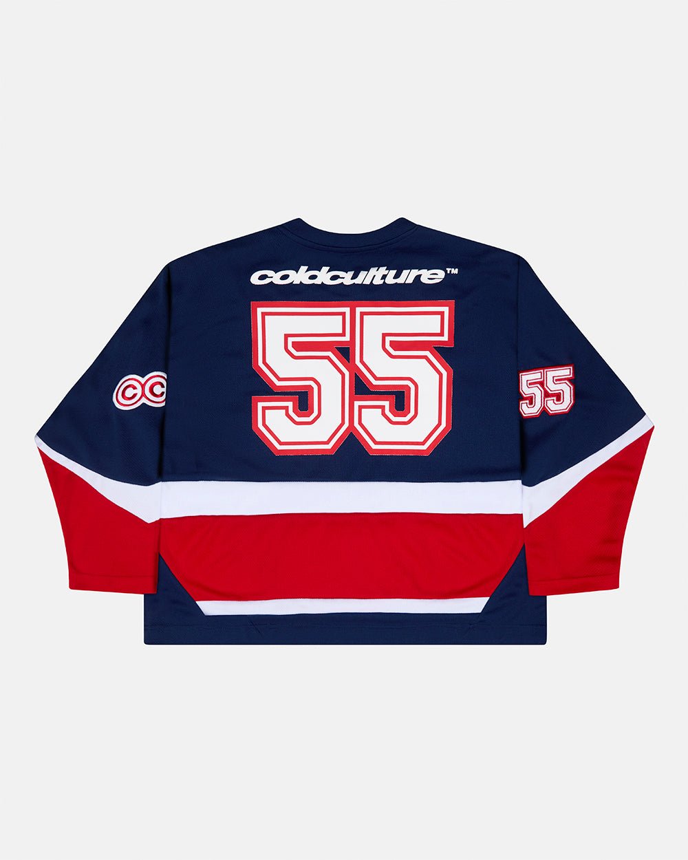 55 VIRAL LONGSLEEVE BLUE - navy and red longsleeve jersey, back view - Cold Culture #packshot