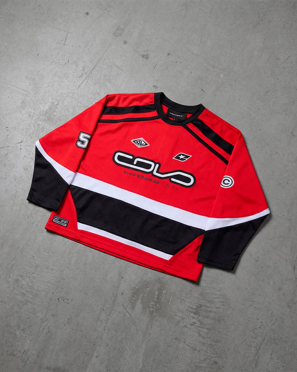 55 VIRAL LONGSLEEVE RED - red and black longsleeve jersey, flat lay - Cold Culture