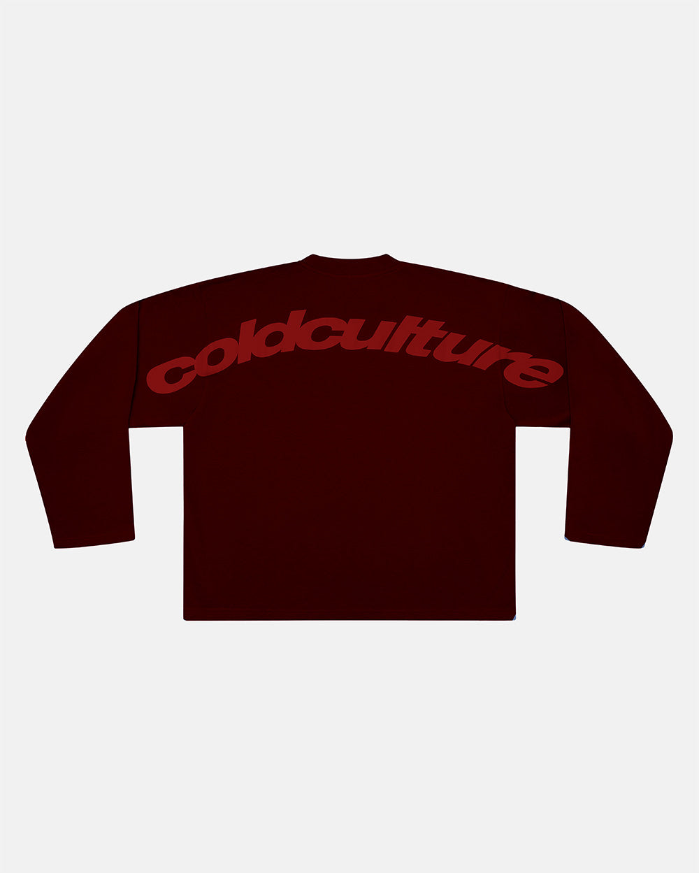 CURVED LONGSLEEVE BROWN - brown oversized longsleeve tee, back view - Cold Culture #packshot