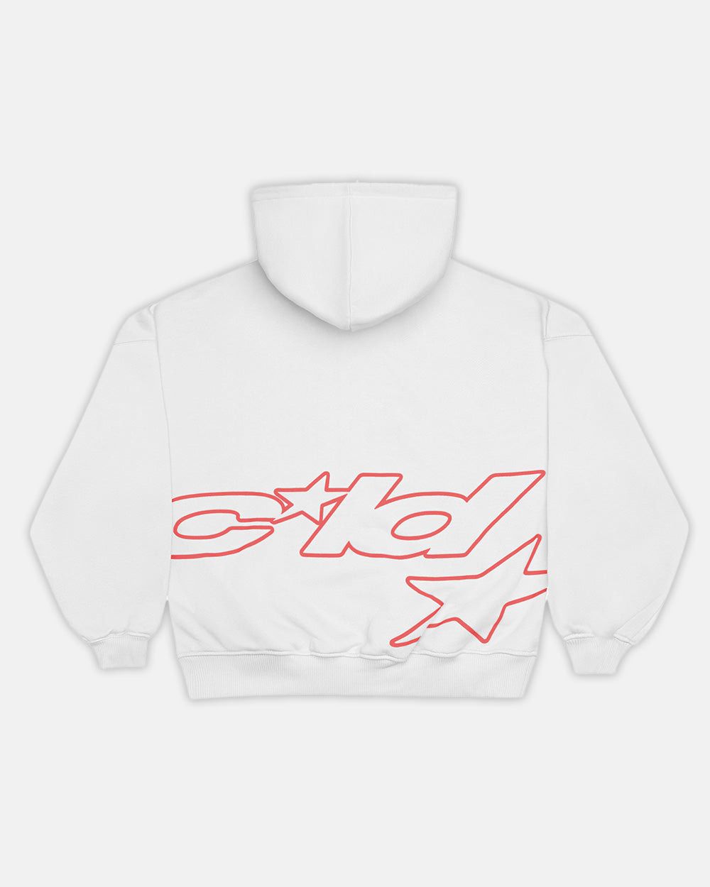 DEFENSE HOODIE LIGHT GREY & RED - light grey graphic print hoodie, back view - Cold Culture #packshot