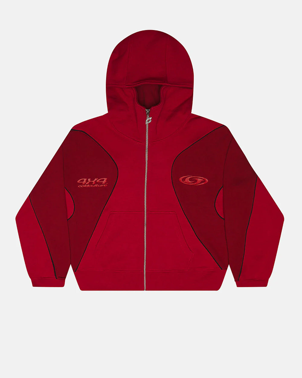 RUSH ZIPPER HOODIE RED - red two-tone zip-up hoodie, front view - Cold Culture #packshot