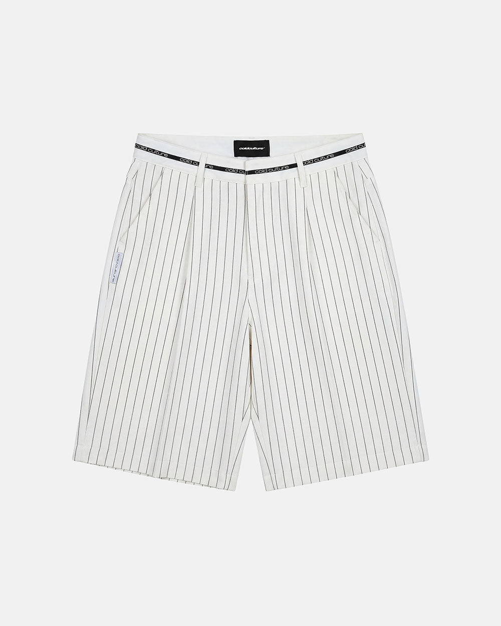 HARBOR JORTS WHITE - white pinstriped shorts, front view - Cold Culture #packshot