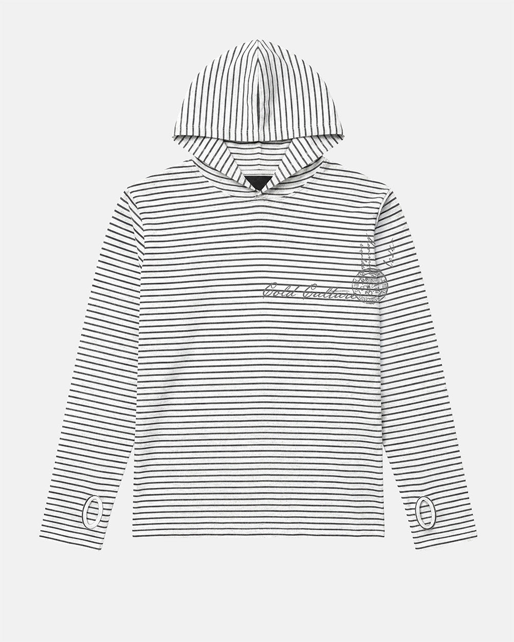 POSTAL HOODED LONGSLEEVE WHITE - white striped hooded longsleeve tee, front view - Cold Culture #packshot