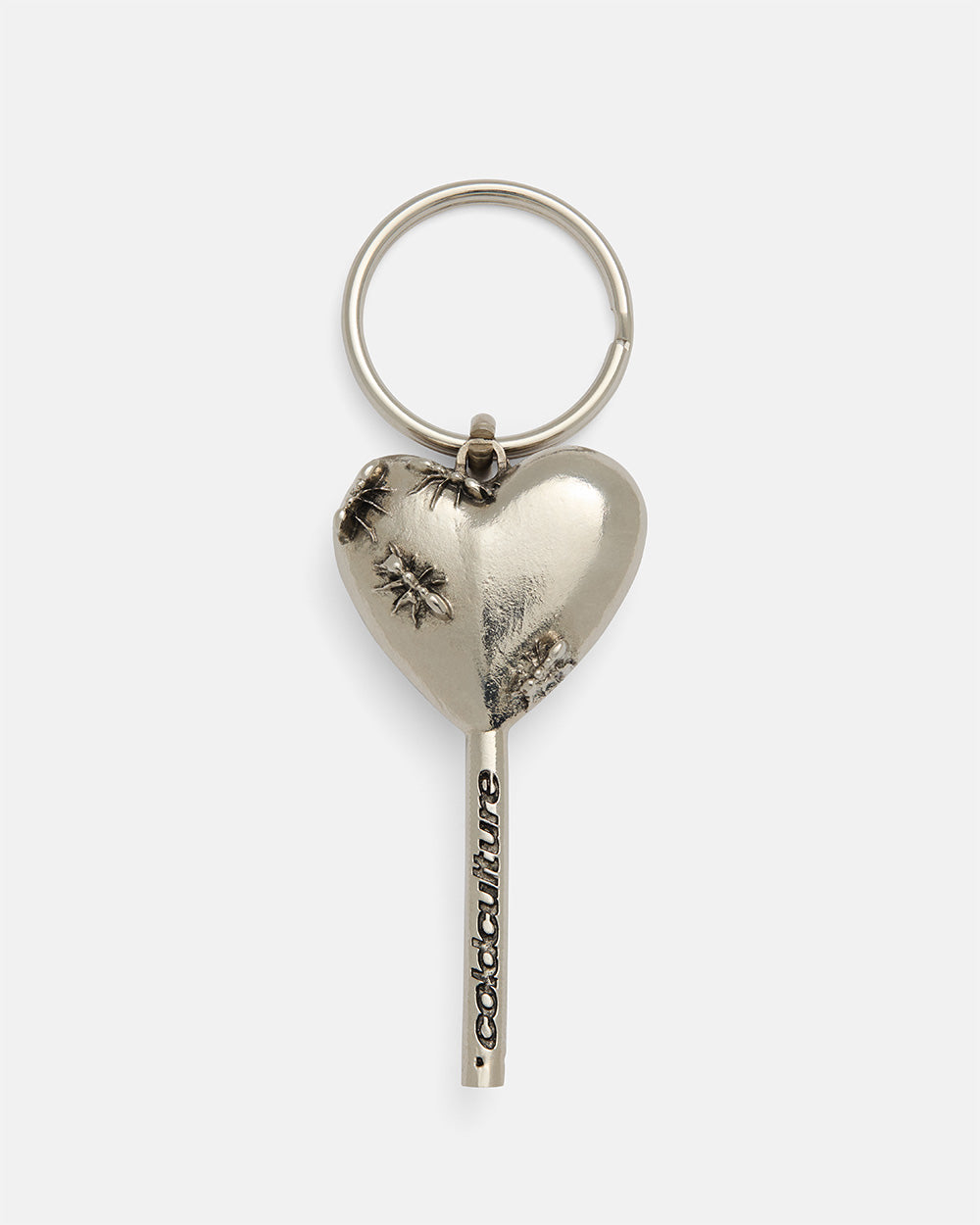 LOLLIPOP KEYCHAIN - silver heart lollipop keychain, front view - Cold Culture #packshot