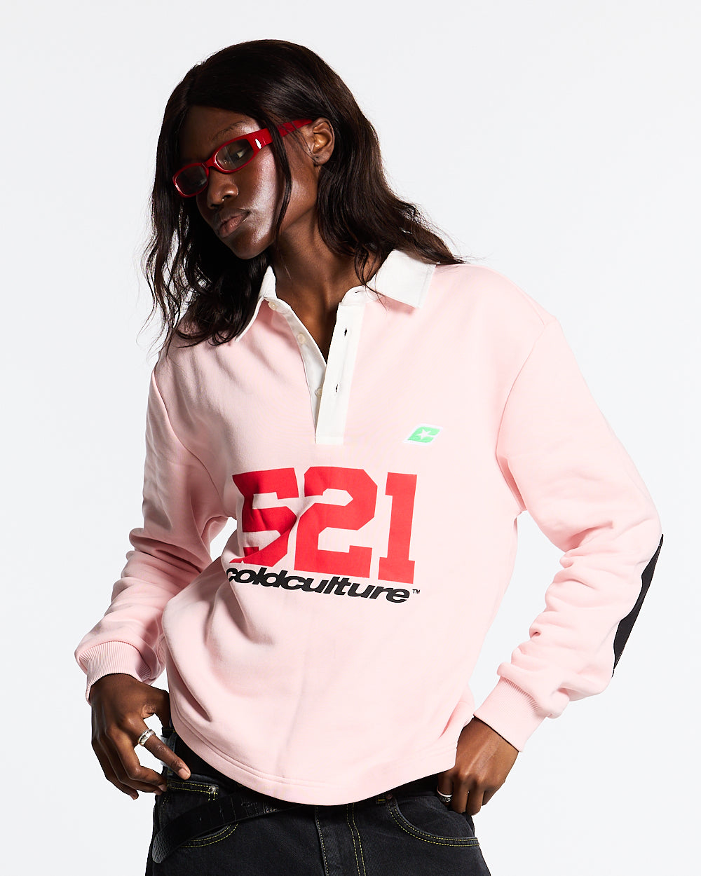 LO LIFE POLO PINK - pink longsleeve polo shirt, front view on female model - Cold Culture #woman