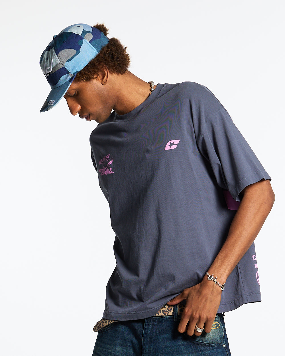 FLYING HOME TEE INDIA INK - dark navy graphic print tee, front view on male model - Cold Culture #man
