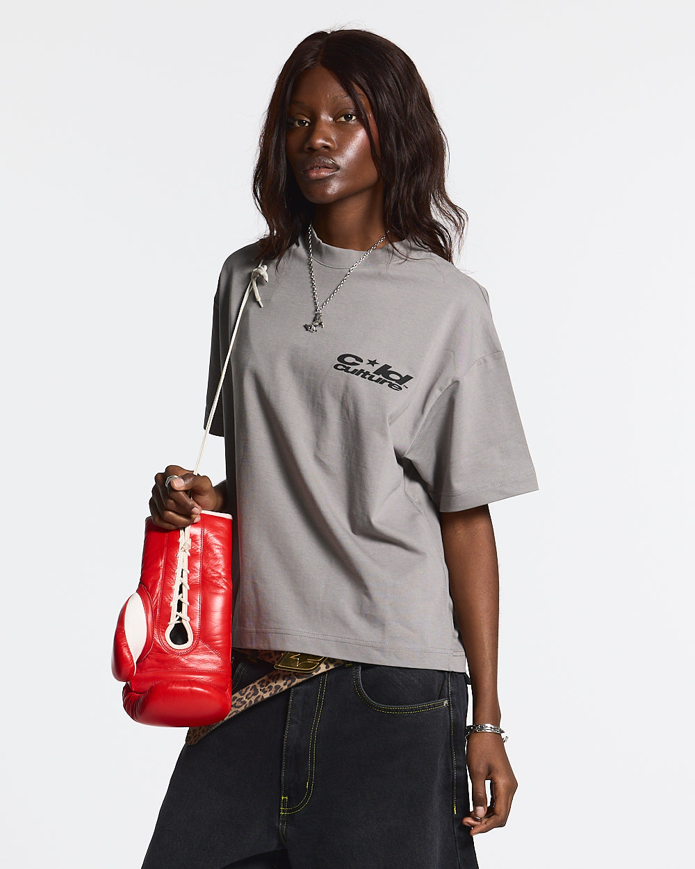 HEART ASHTRAY TEE FROST GREY - grey graphic print tee, front view on female model - Cold Culture #woman