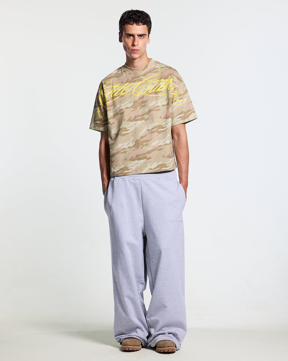 CROSSED SCRIPT TEE CAMO - beige camo tee, front view on male model - Cold Culture #man
