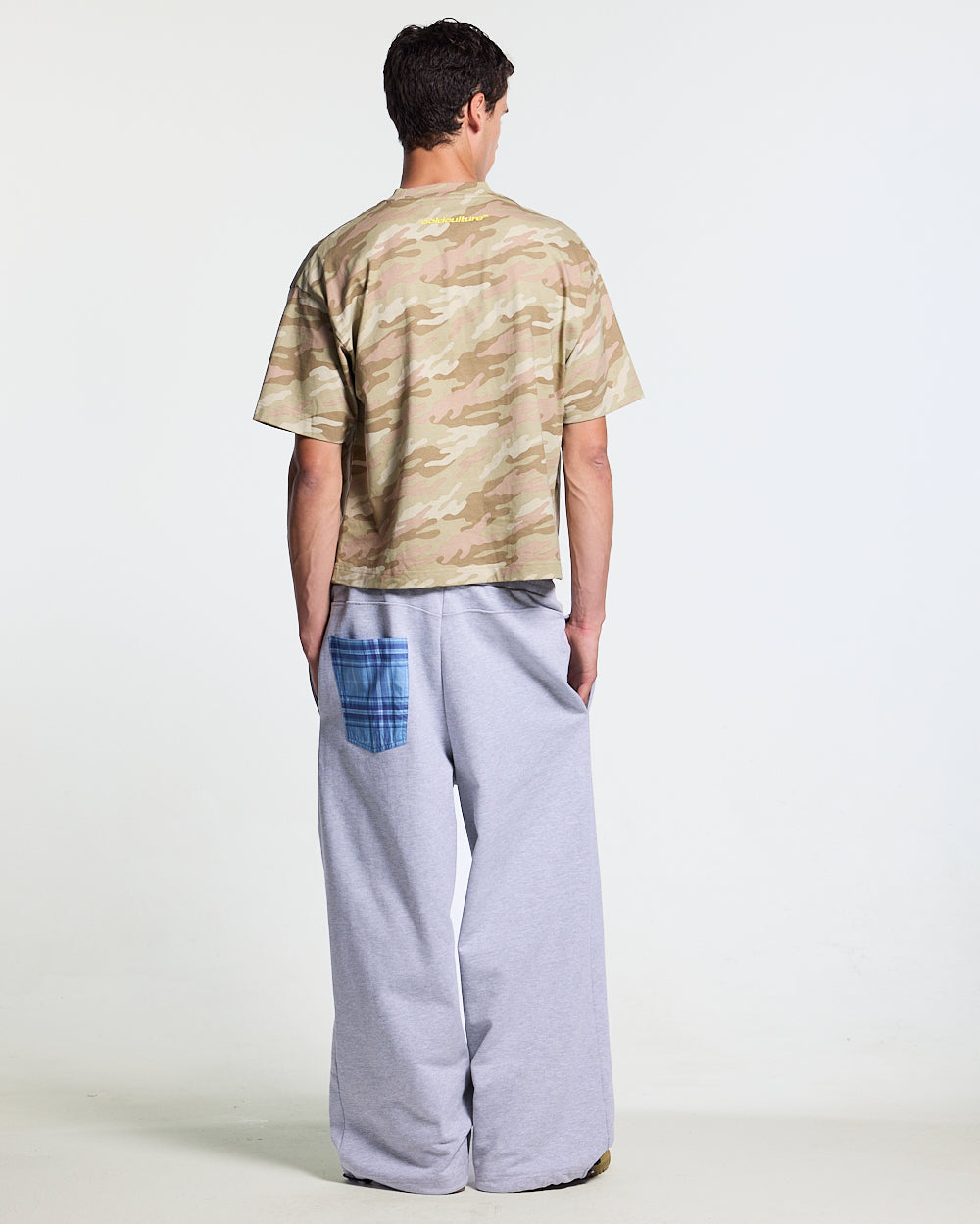 CROSSED SCRIPT TEE CAMO - beige camo tee, back view on male model - Cold Culture #man