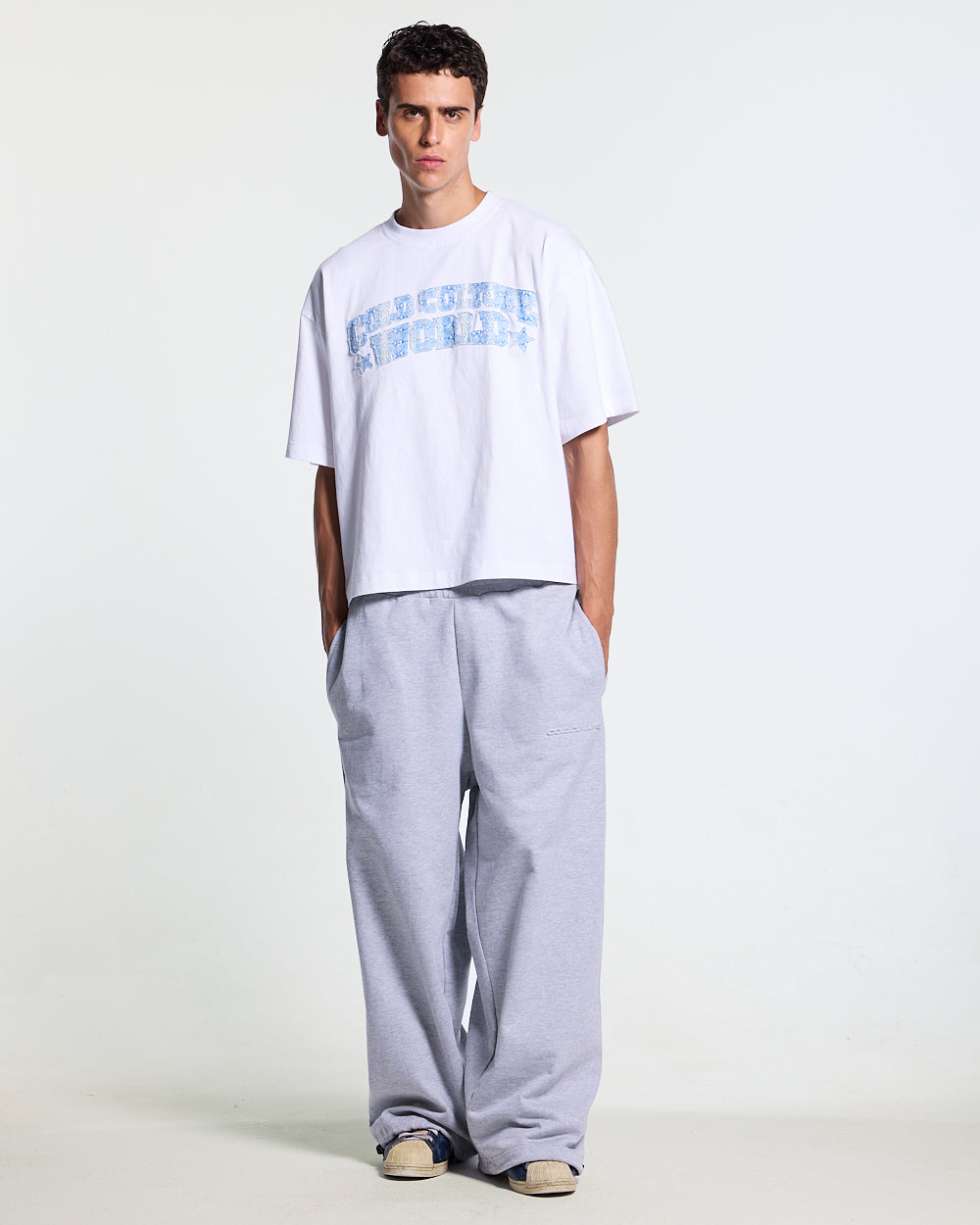 HUNTER TEE WHITE - white graphic print tee, front view on male model - Cold Culture #man