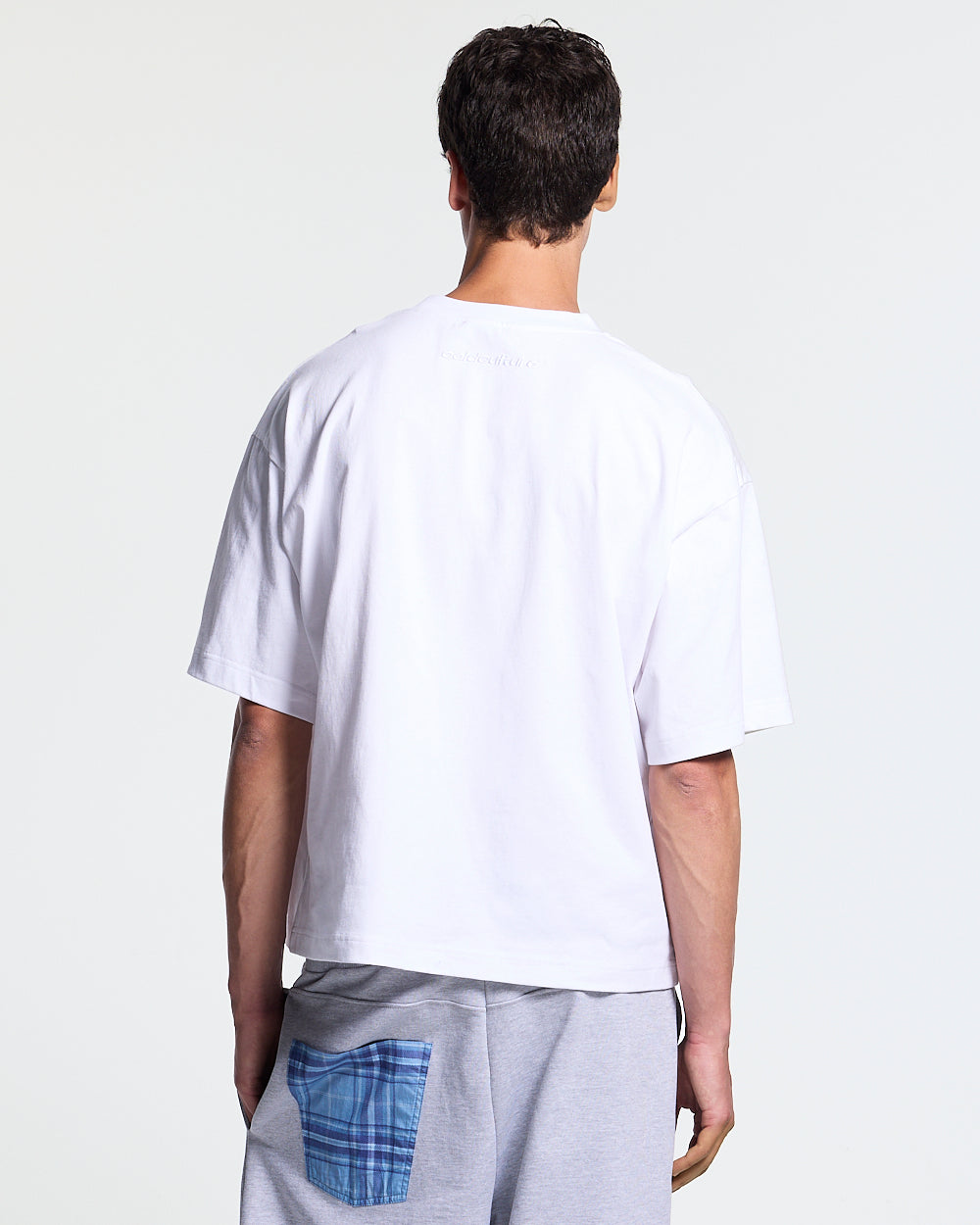 HUNTER TEE WHITE - white graphic print tee, back view on male model - Cold Culture #man