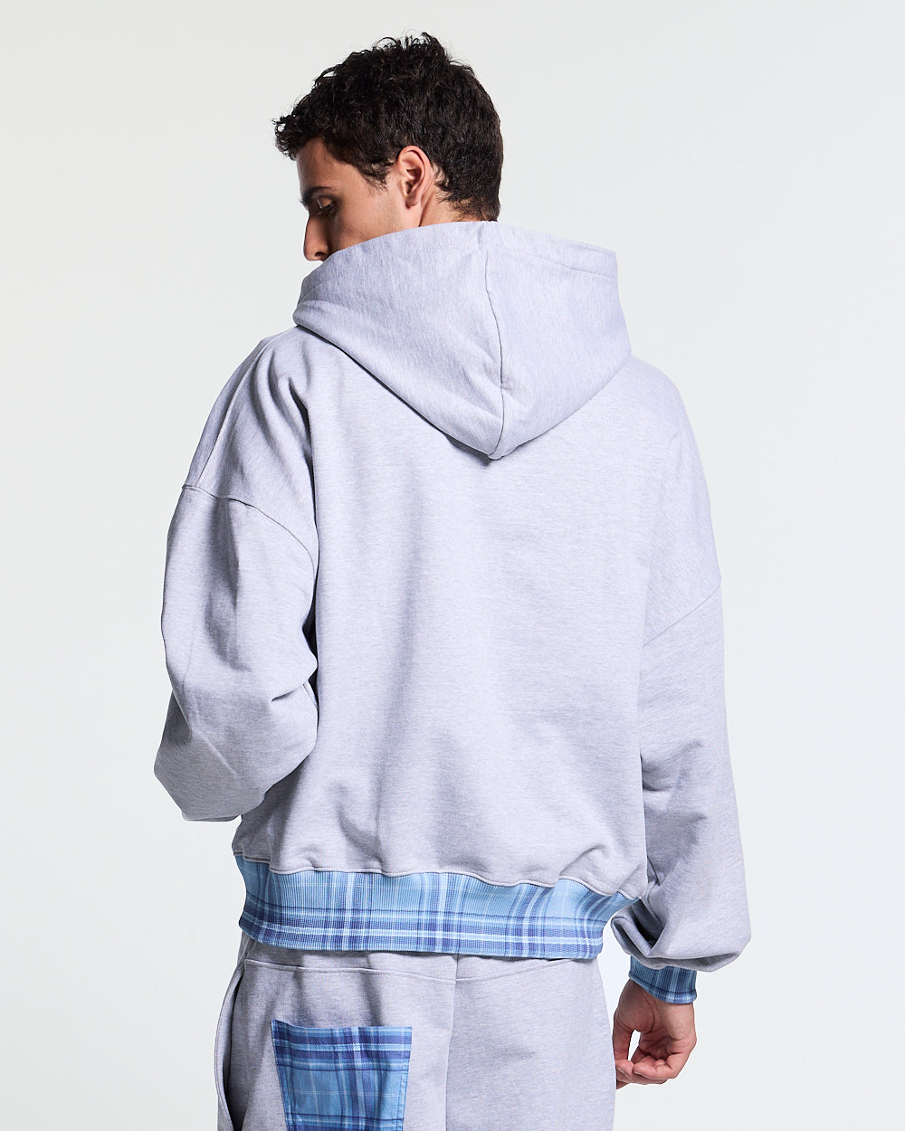 TAKE A PEAK ZIP HOODIE HEATHER GREY - grey zip-up hoodie with plaid trim, back view on male model - Cold Culture