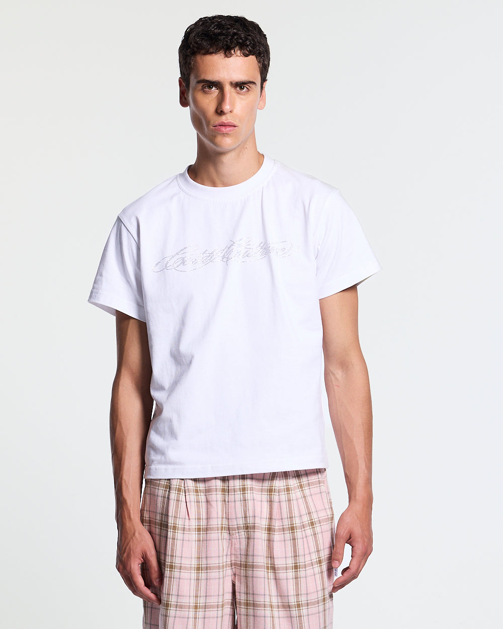 BLING TEE WHITE - white rhinestone script tee, front view on male model - Cold Culture #man