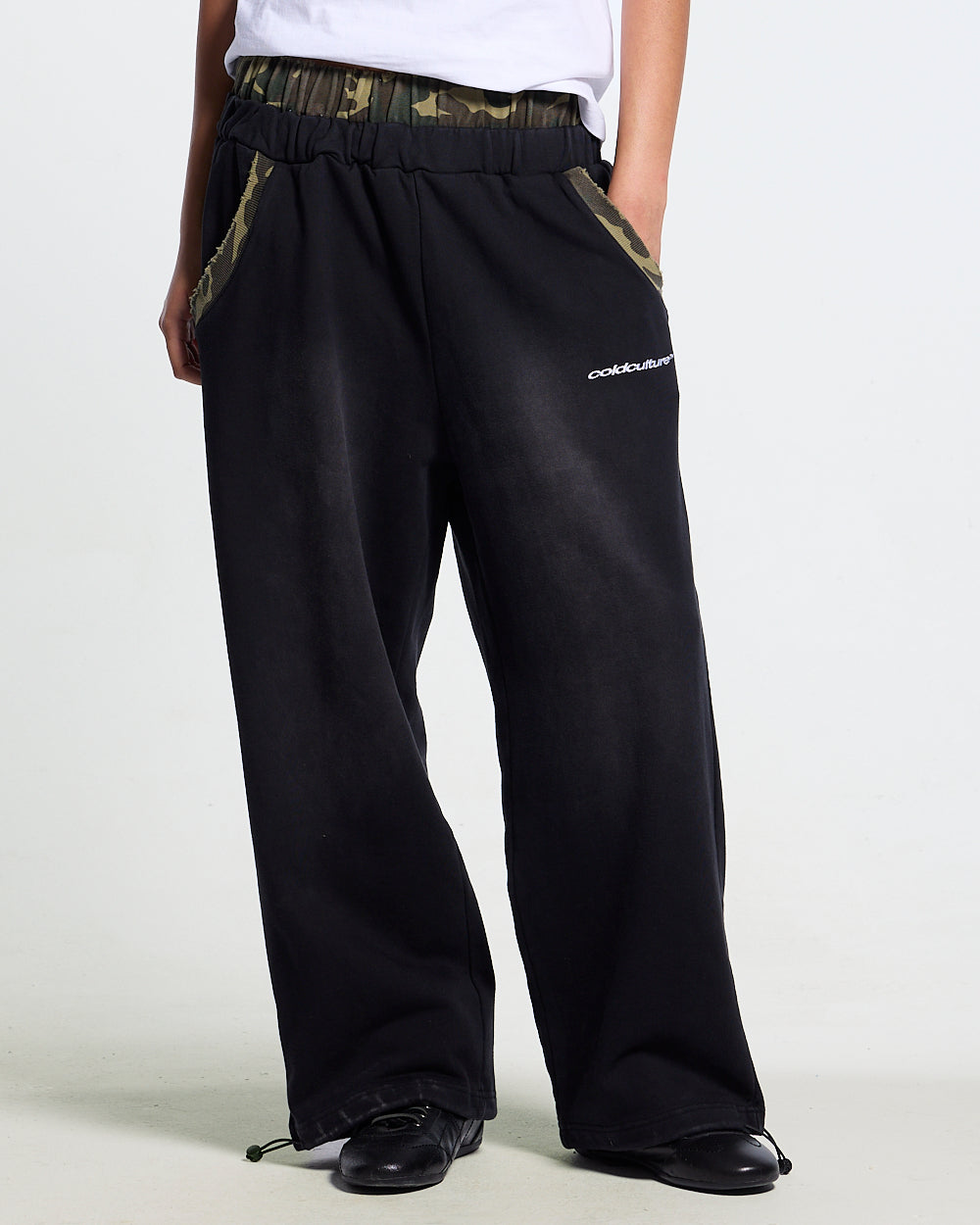 BLACK OPS SWEATPANTS BLACK - washed black sweatpants, front view on female model - Cold Culture #woman