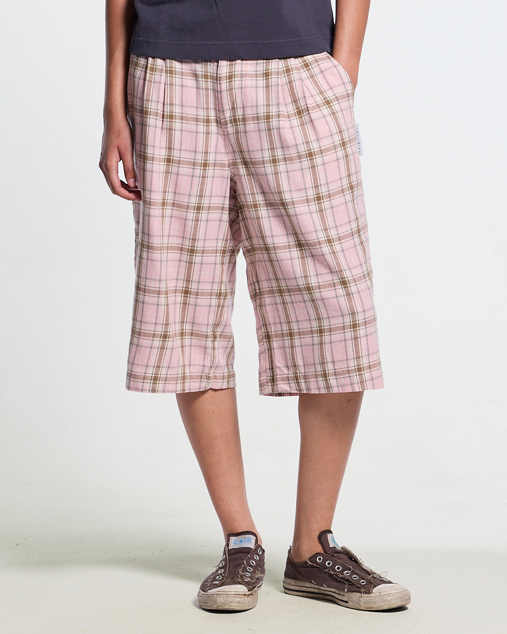 DINING CHECK JORTS PINK - pink checkered shorts, front view on female model - Cold Culture #woman