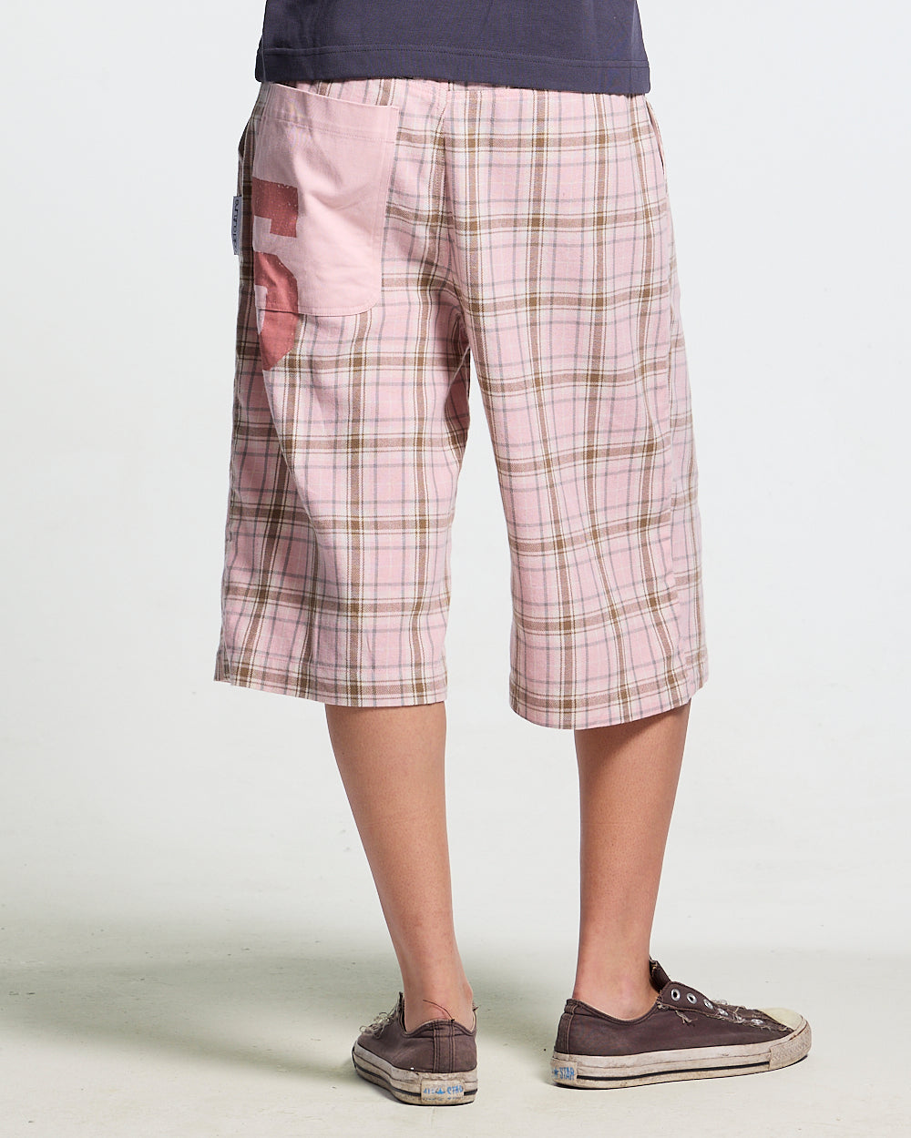 DINING CHECK JORTS PINK - pink checkered shorts, back view on female model - Cold Culture #woman
