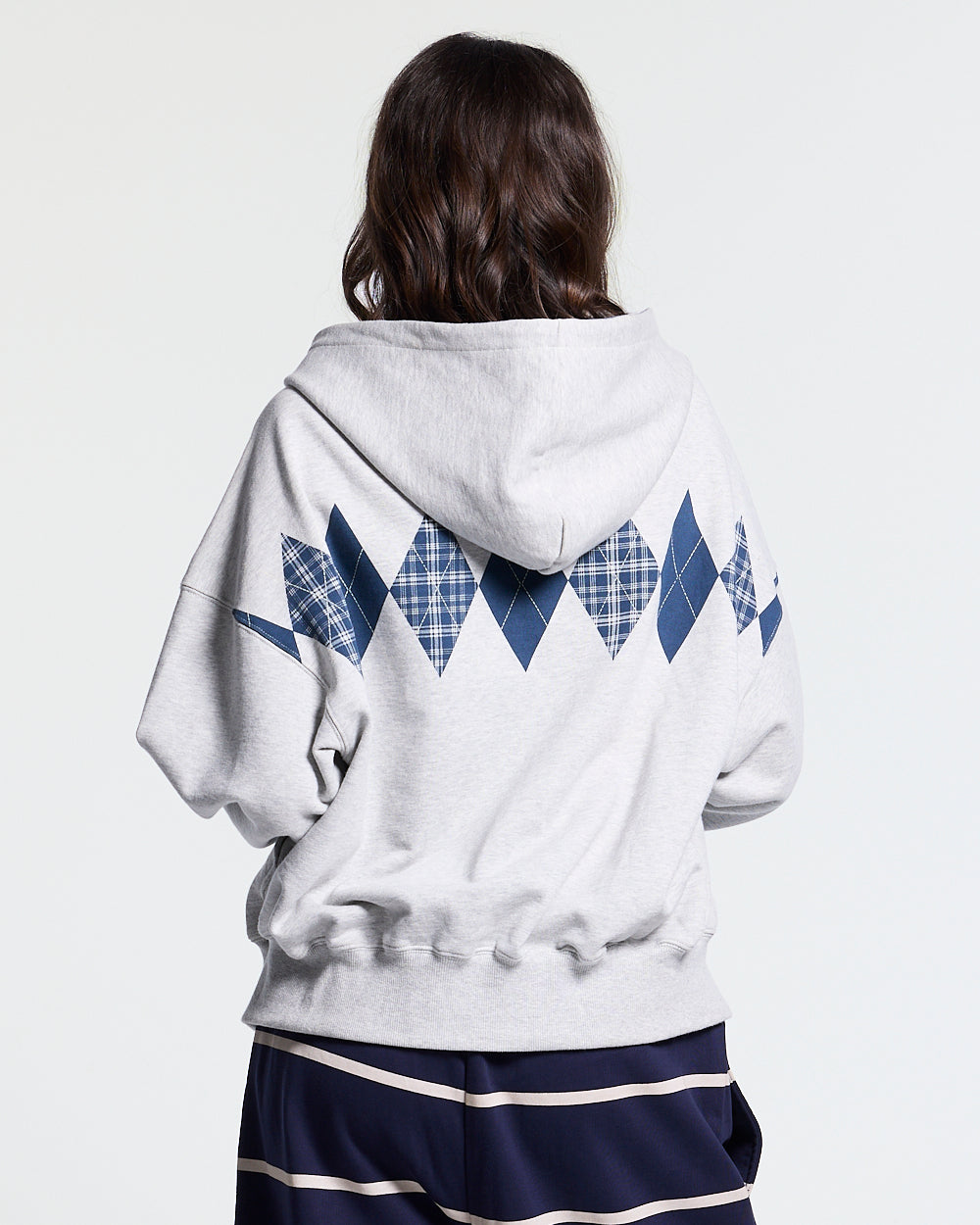 DECADE ZIP HOODIE HEATHER GREY - heather grey argyle zip hoodie, back view on female model - Cold Culture #woman