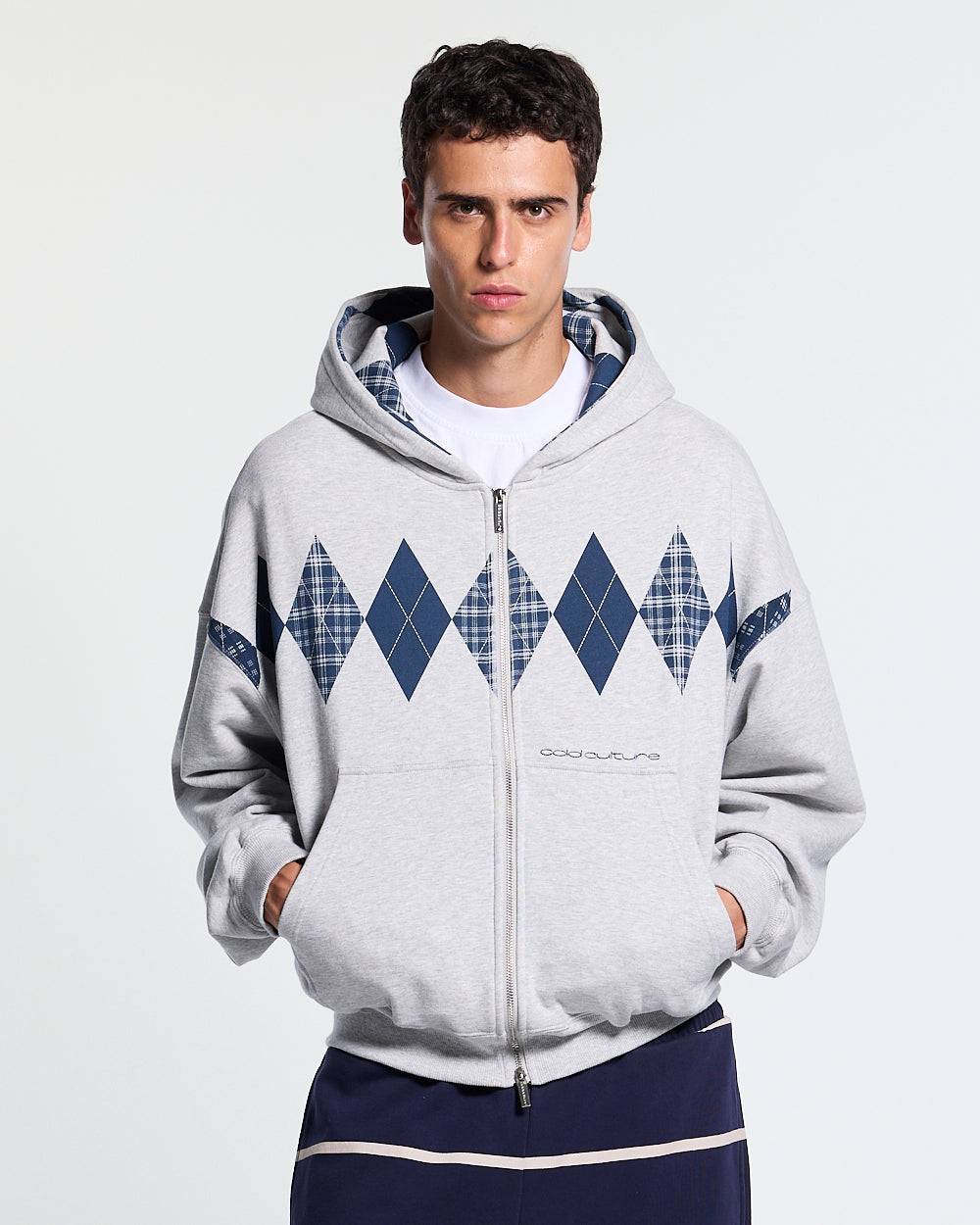 DECADE ZIP HOODIE HEATHER GREY - heather grey argyle zip hoodie, front view on male model - Cold Culture #man