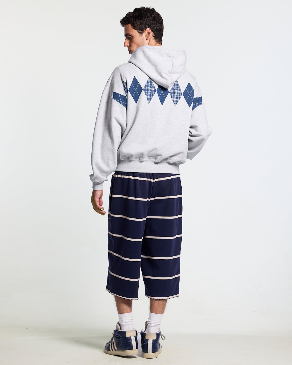 DECADE ZIP HOODIE HEATHER GREY - heather grey argyle zip hoodie, back view on male model - Cold Culture #man