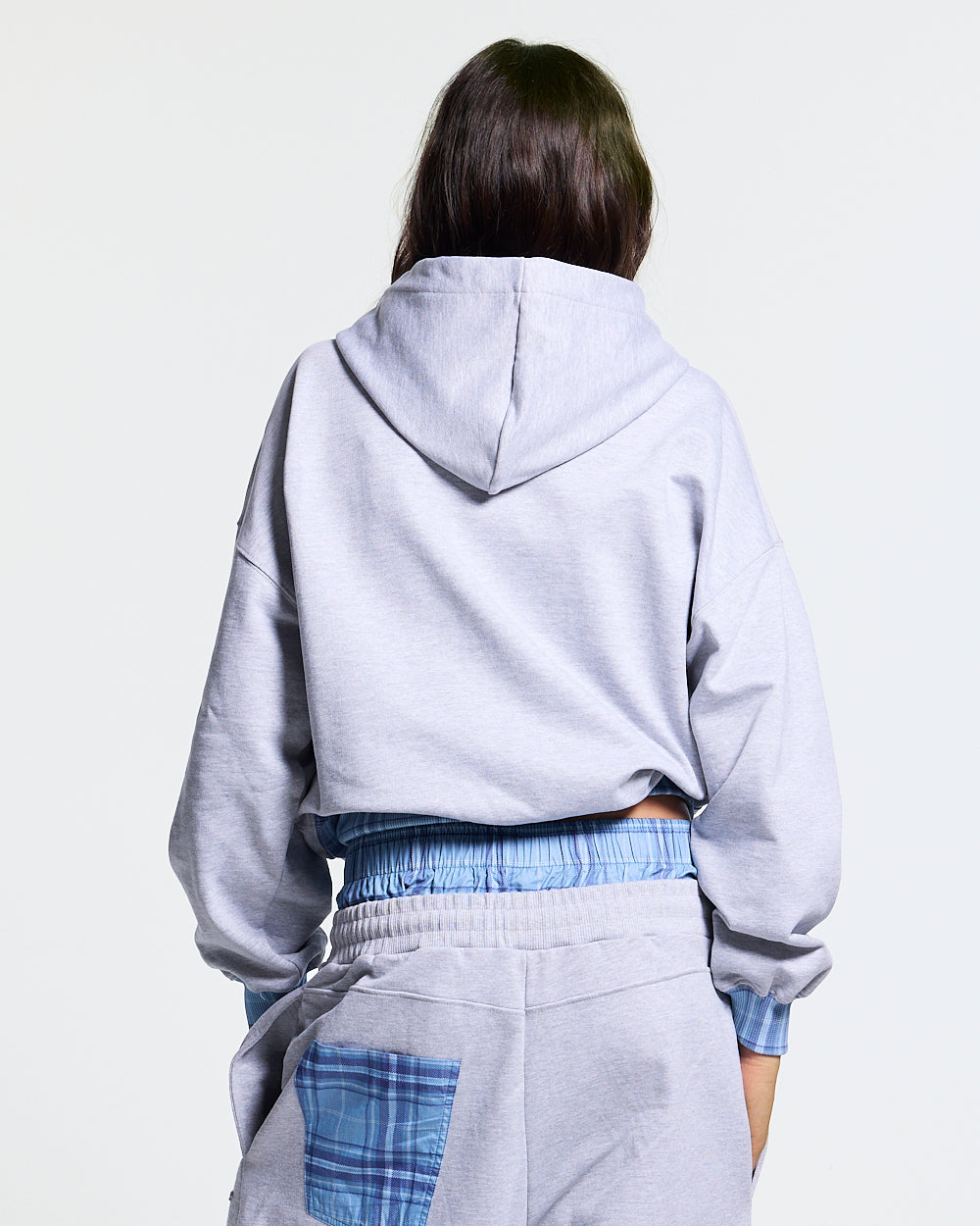 TAKE A PEAK ZIP HOODIE HEATHER GREY - grey zip-up hoodie with plaid trim, back view on female model - Cold Culture #woman