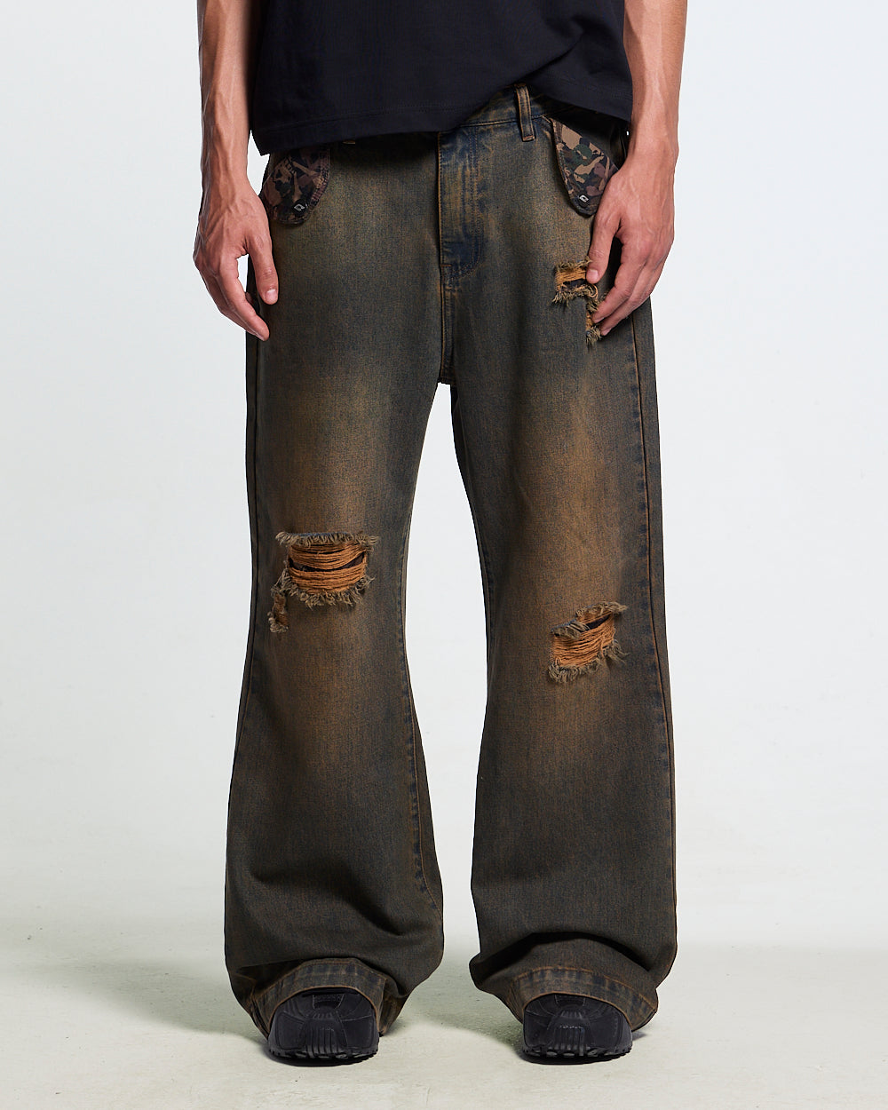 TORN V3 PANTS BLACK - black distressed pants, front view on male model - Cold Culture