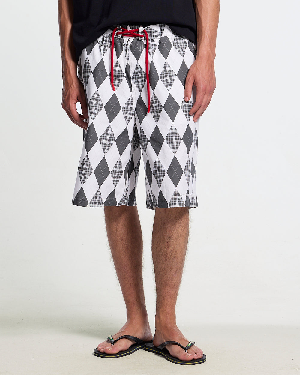 PREPPY SWIMSHORTS WHITE - white argyle swim shorts, worn detail - Cold Culture