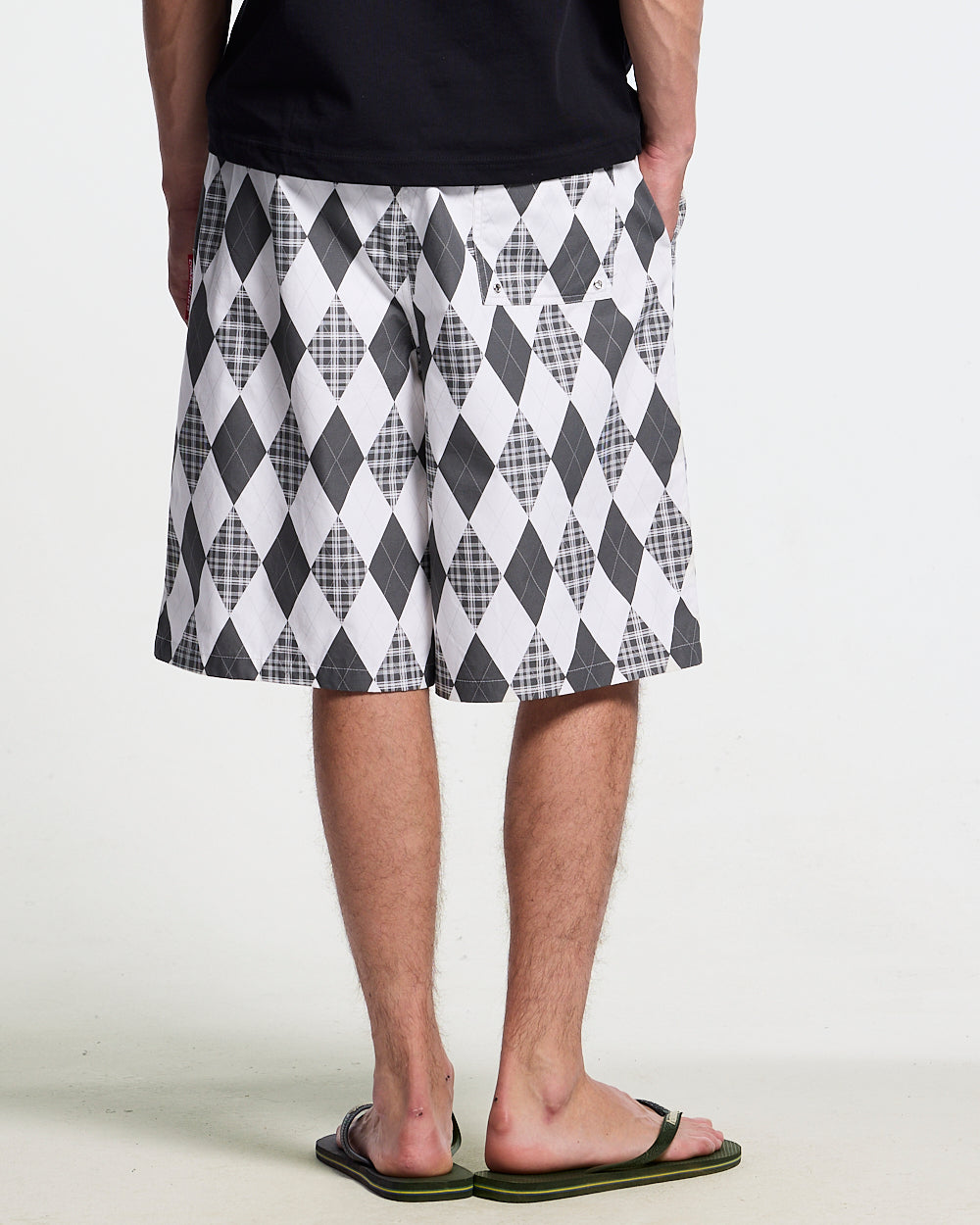 PREPPY SWIMSHORTS WHITE - white argyle swim shorts, worn detail - Cold Culture