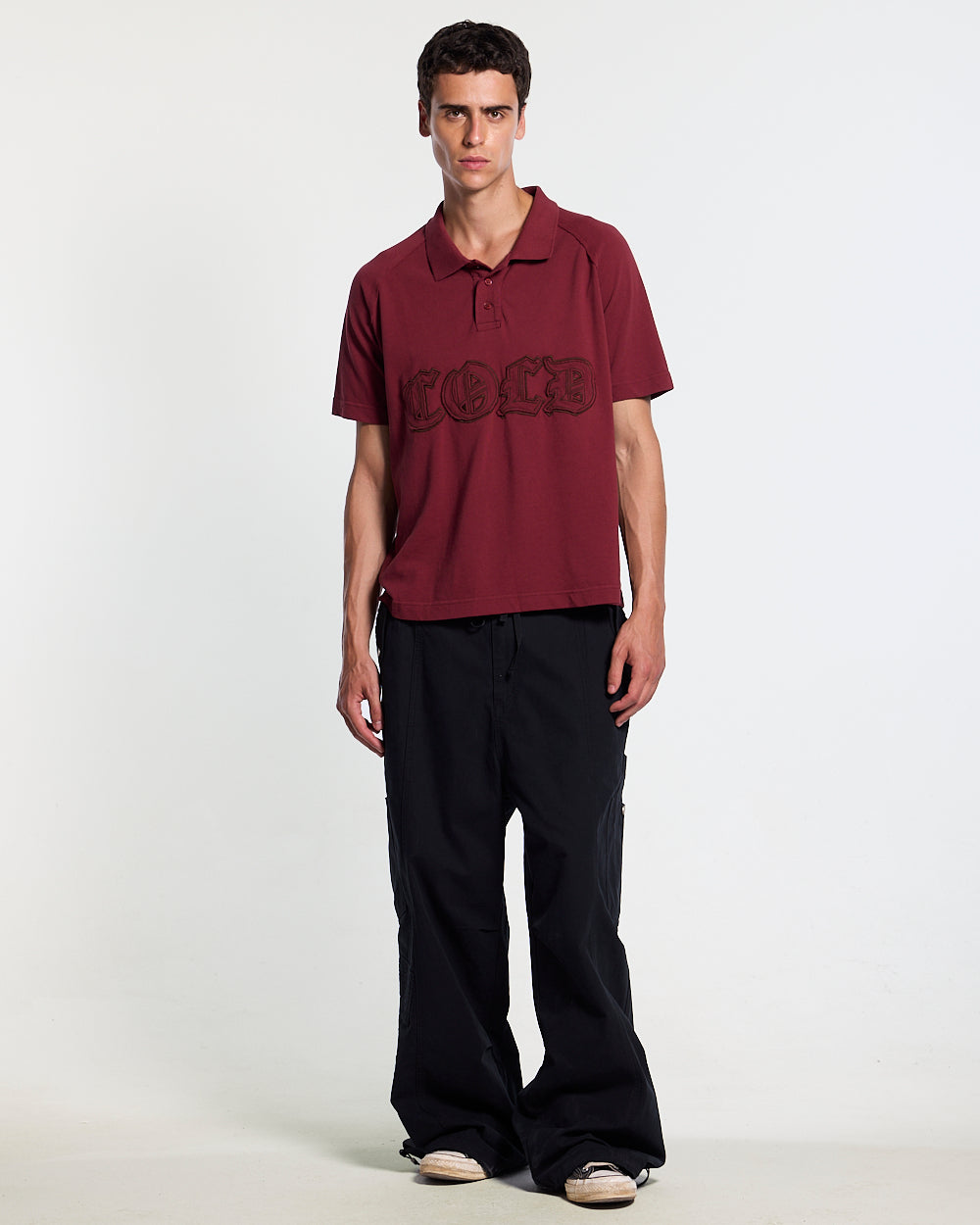 GOTHIC DISTRESSED POLO BURGUNDY - burgundy gothic print polo shirt, front view on male model - Cold Culture #man