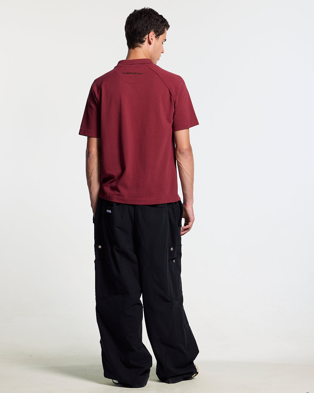 GOTHIC DISTRESSED POLO BURGUNDY - burgundy gothic print polo shirt, back view on male model - Cold Culture #man