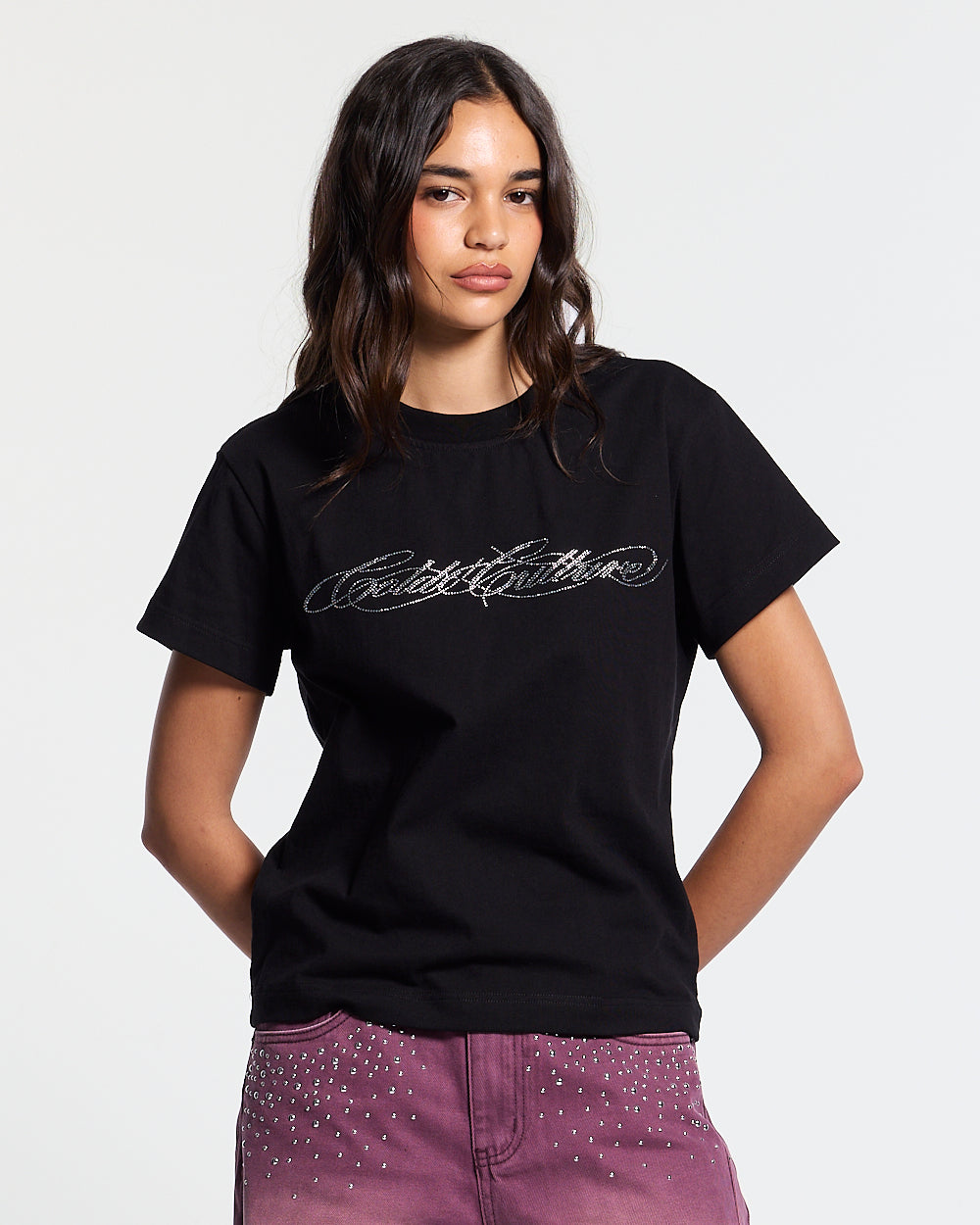 BLING TEE BLACK - black rhinestone script tee, front view on female model - Cold Culture #woman