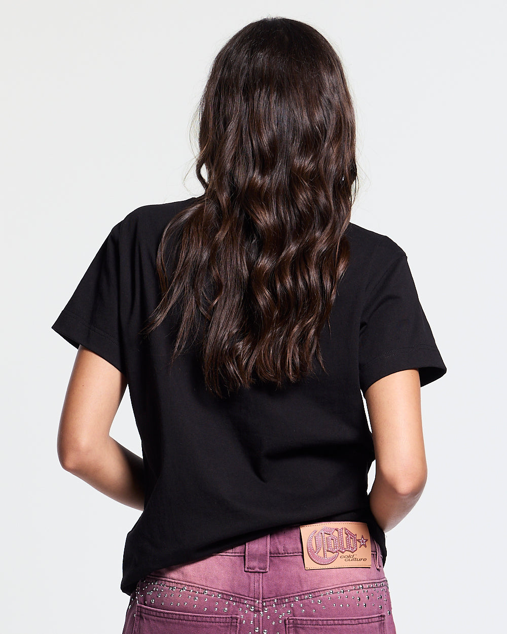 BLING TEE BLACK - black rhinestone script tee, back view on female model - Cold Culture #woman