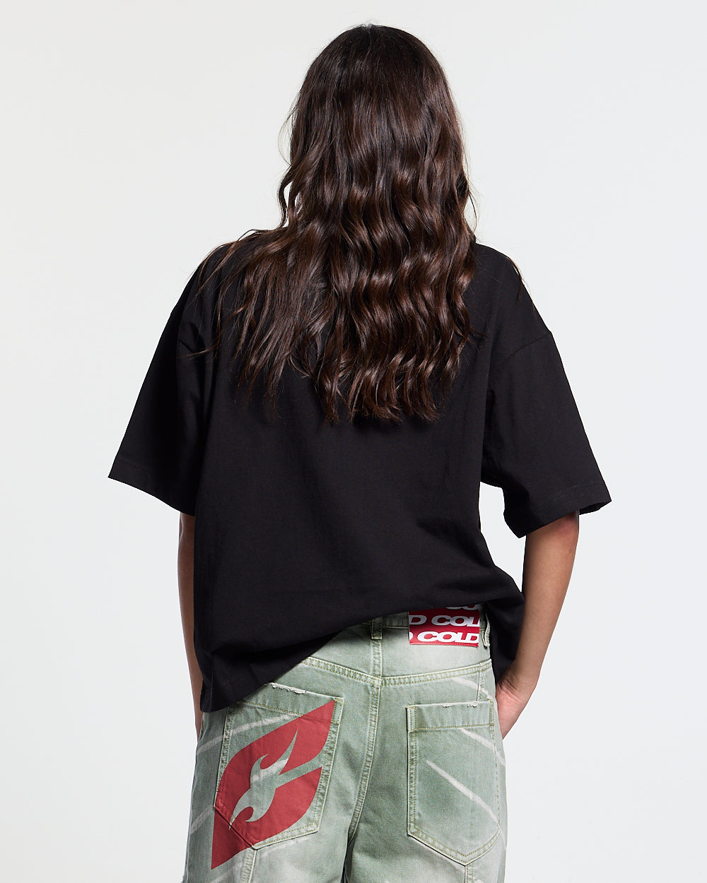 HUNTER TEE BLACK - black graphic print tee, back view on female model - Cold Culture #woman