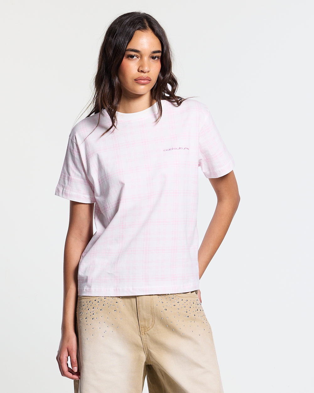 NACHT TEE PINK - pink plaid tee, front view on female model - Cold Culture #woman