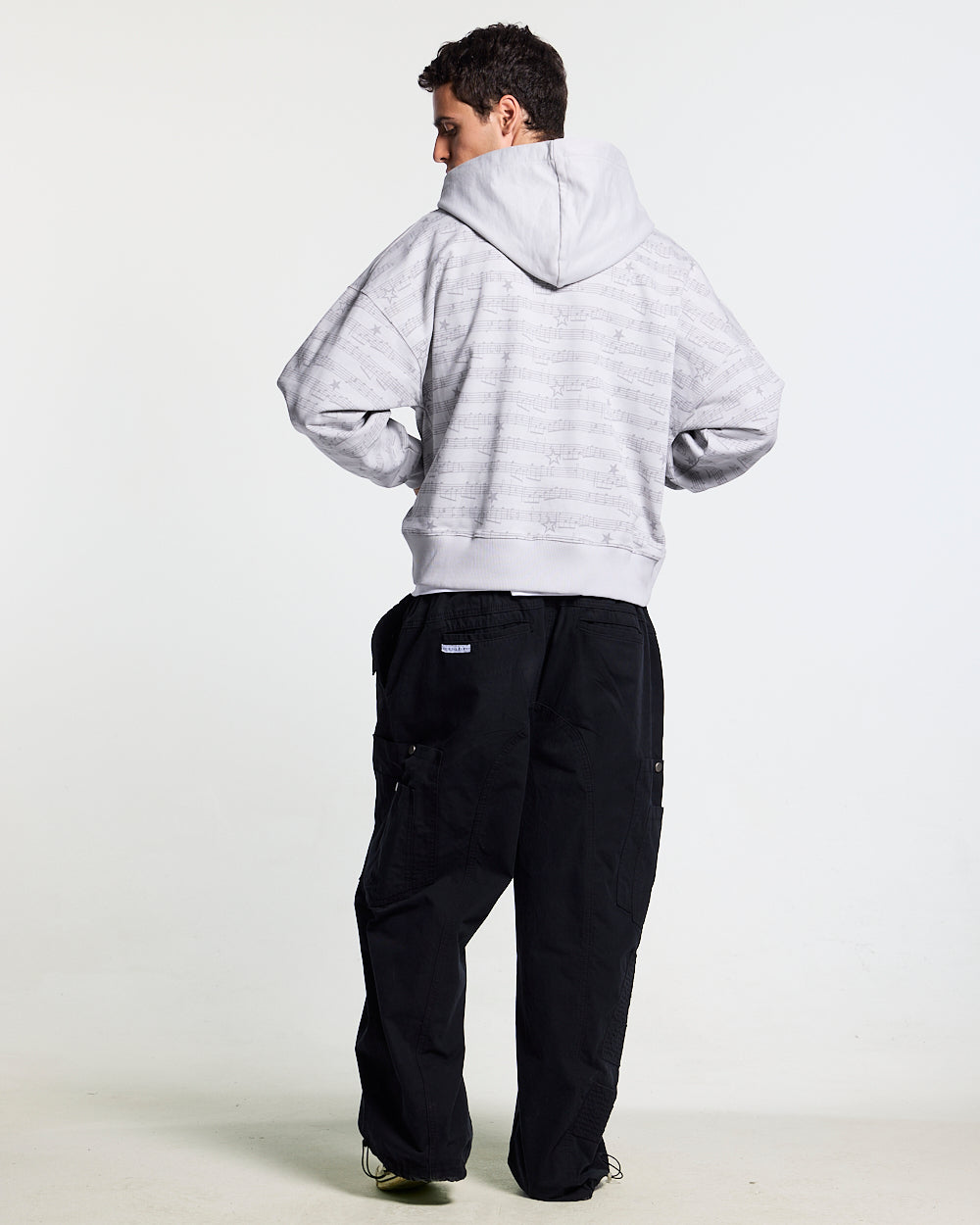 BEAT IT ZIP HOODIE GREY - grey printed zip-up hoodie, back view on male model - Cold Culture
