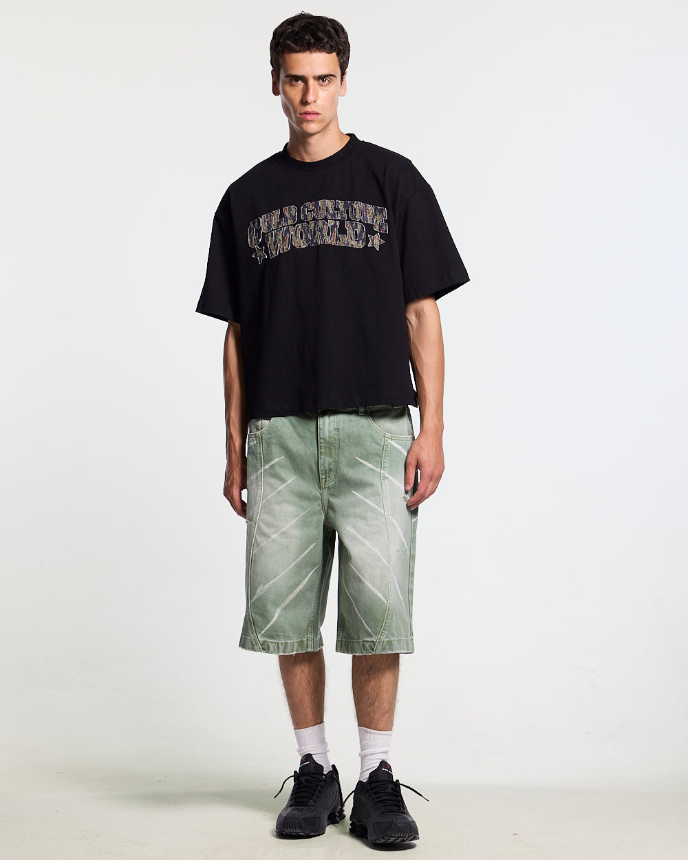MUSIC RYTHIM SHORTS GREEN - green washed denim shorts, front view on male model - Cold Culture #man